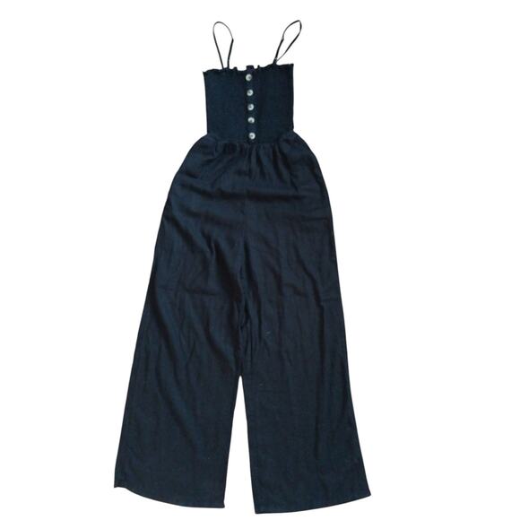 Y2K GUESS Linen Jumpsuit Sz S BLACK Smocked Tube Wide Leg Glam Goth Barbiecore - Picture 2 of 16